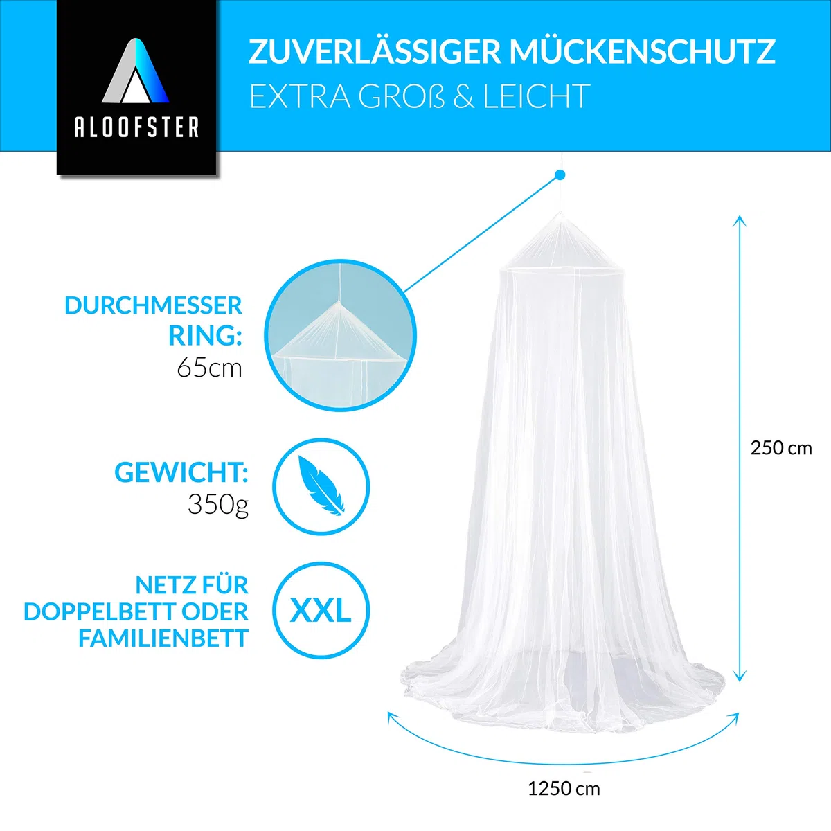 Zanzariera – Grande zanzariera (oltre 12 metri) con maglie particolarmente sottili per letto matrimoniale, letto familiare o esterno – con accessori da viaggio