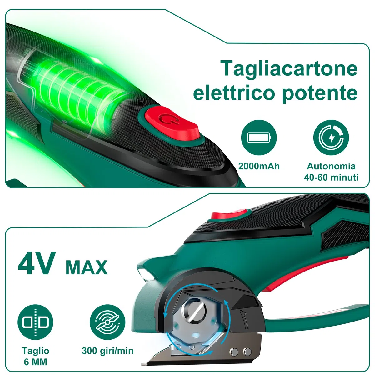 HYCHIKA Taglierina Elettrico Rotante 4V, Forbici Elettriche per Tessuti Wireless 300 giri/min, Taglierino Elettrico con 2 lame e un LED, Adatto per tessuti, Cucito, Pelle, Tappeti, Cartone e plastica