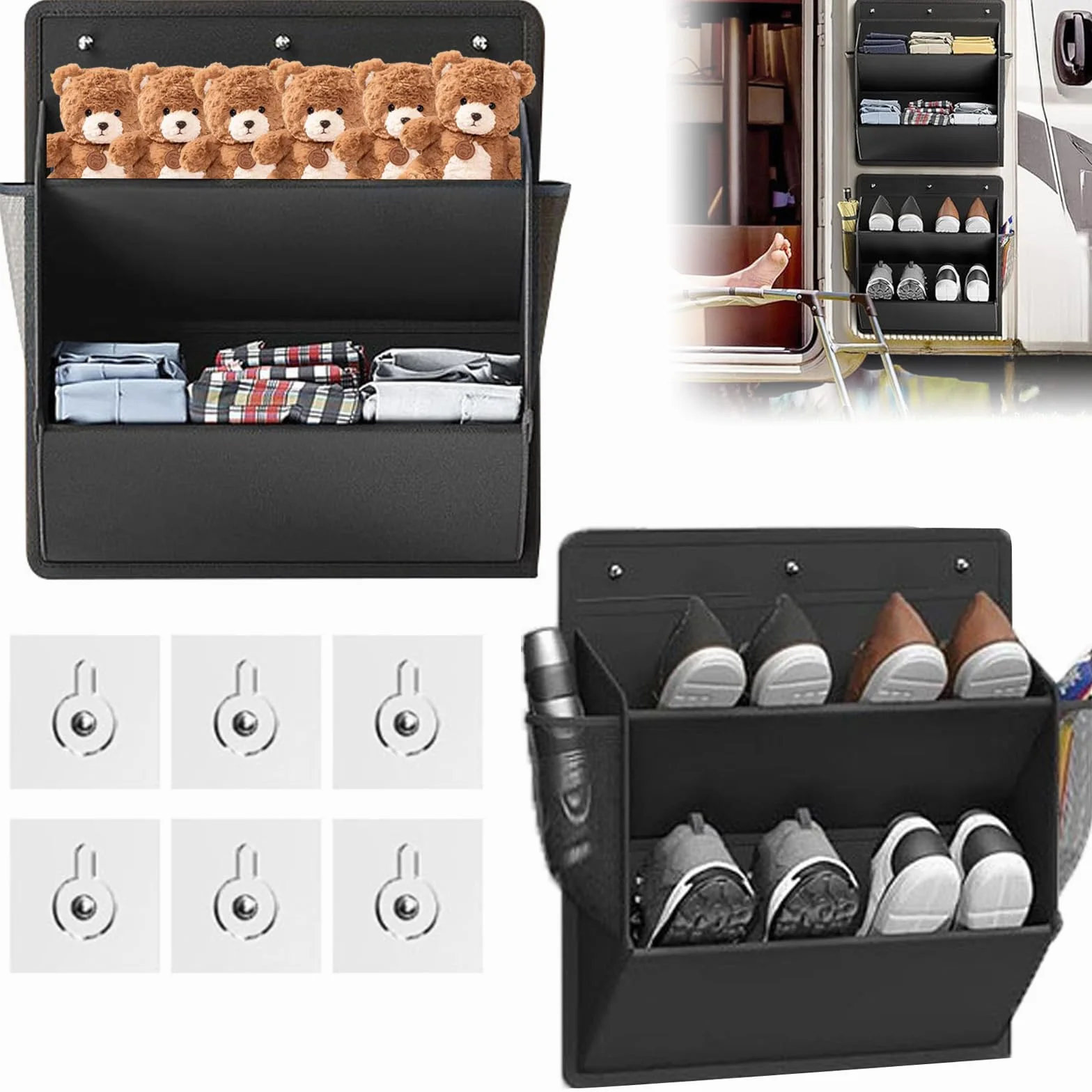 2 Pcs Scarpiera Appendere Alla Parete con Nastro Adesivo, Organizer Scarpe Porta Tasche Grandi Profonde, Accessori Camper Salvaspazio Spaziale, Scaffale per Spazi Ristretti e Armadi (Nero)