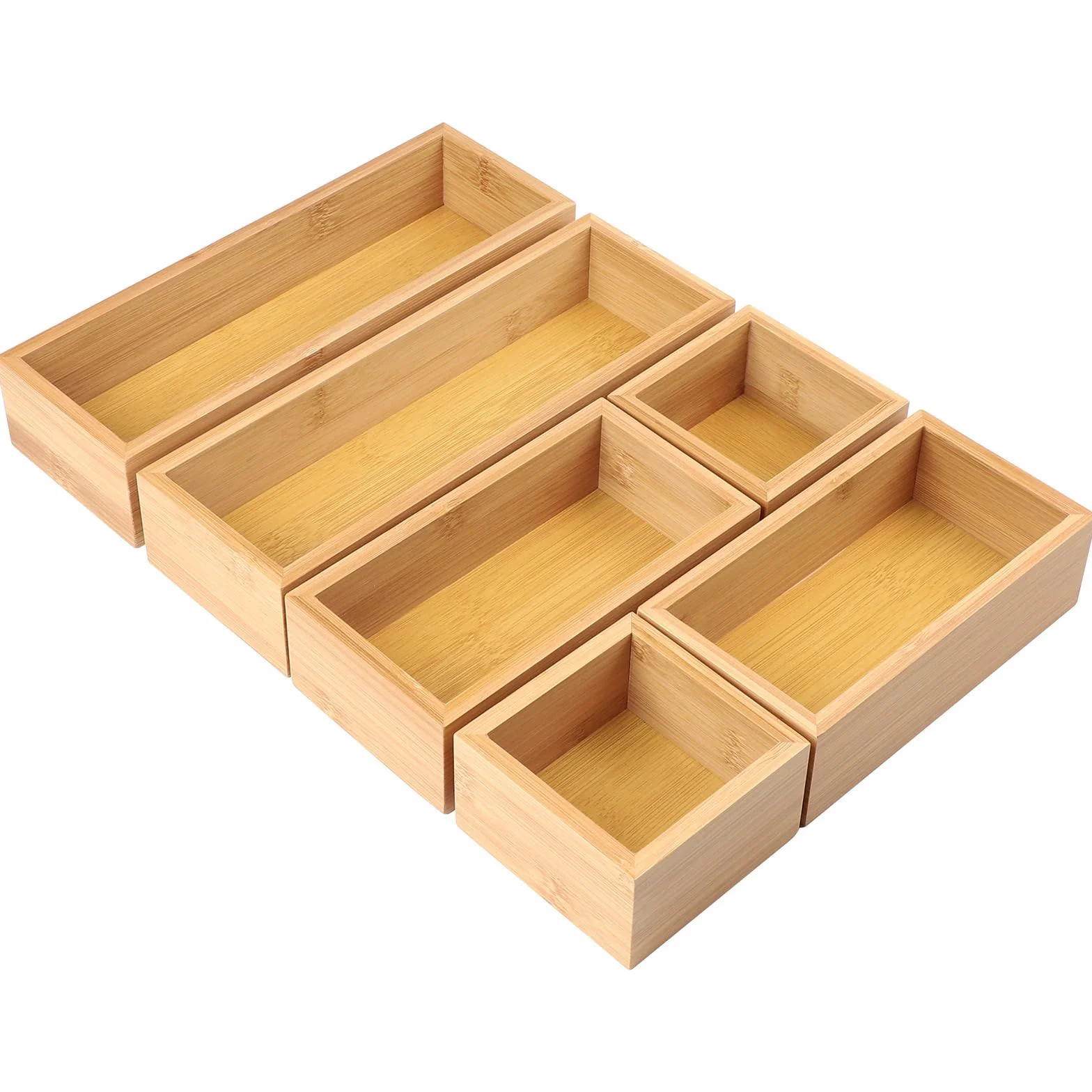 DBREAKS Set di 6 Organizer per Cassetti in Bambù, Organizer Multiuso in Legno, Impilabile, Per Cosmetici, Cucina, Bagno o Ufficio ogn (Naturale)