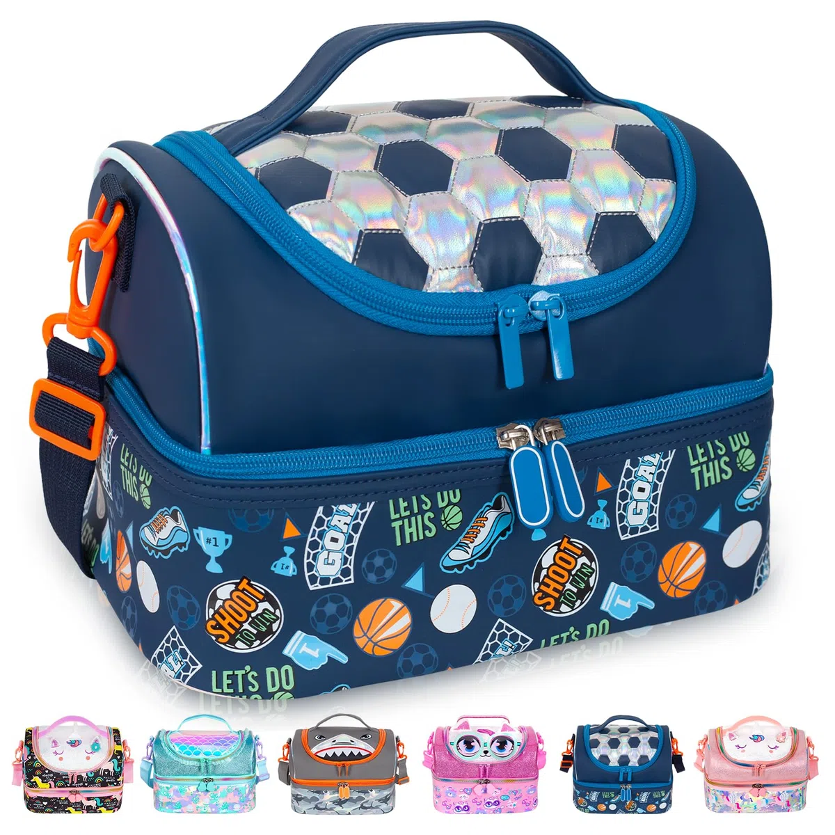 PinkSheep Borsa termica per il pranzo a due piani per bambini, grande, per ragazzi, ragazze, uomini, donne, con tracolla regolabile, unicorno (Calcio)