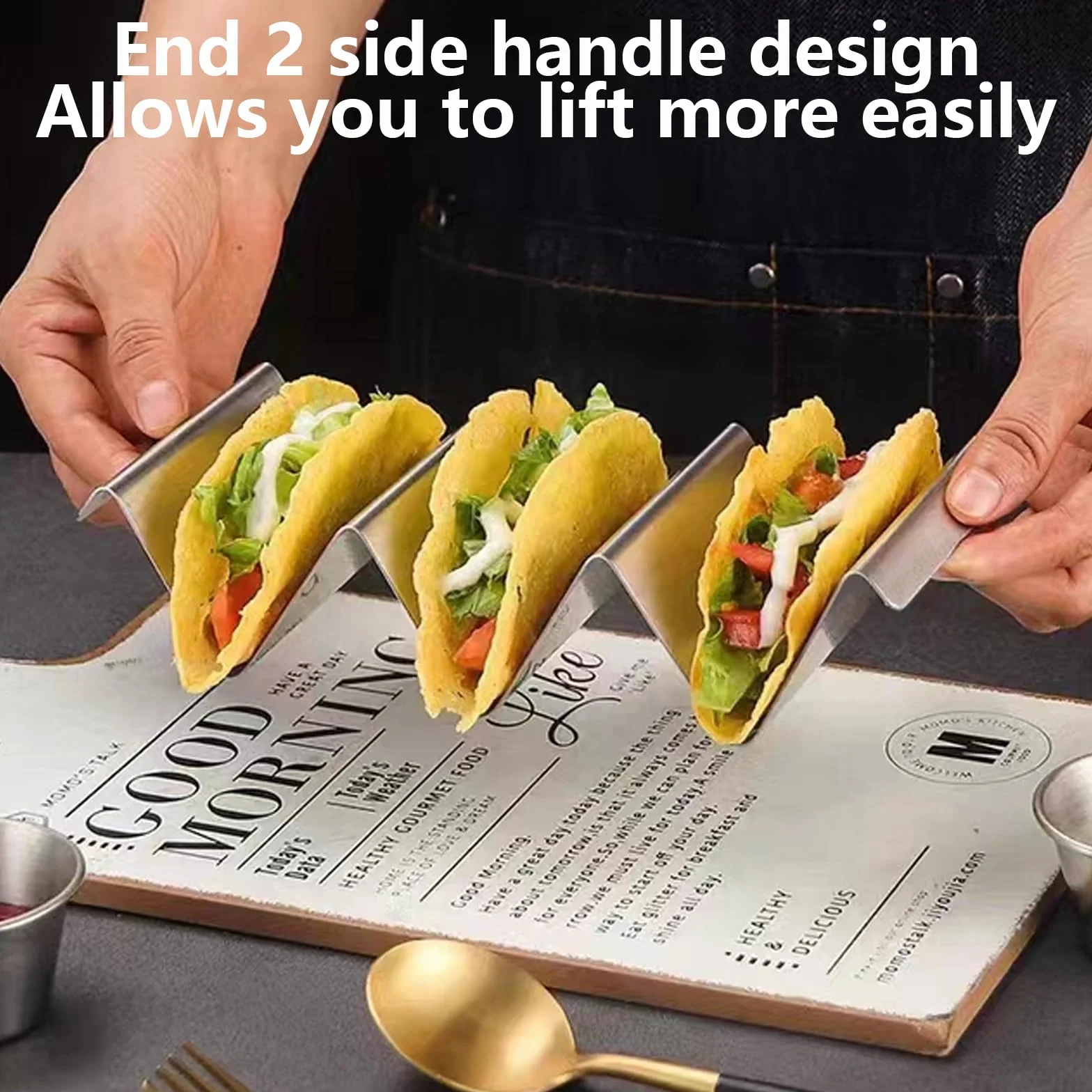 AKOLAFE 6 Pezzi Porta Taco in Acciaio Inox 25x10x4.5cm Porta Taco con Maniglie, Porta Hot Dog, Supporto U-Form per Taco, Panini, Pane, Hot Dog e Wafer