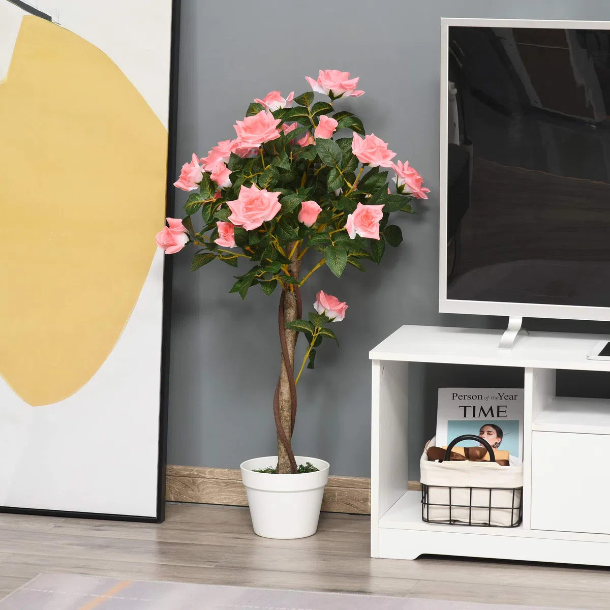 Outsunny Pianta Finta di Rosa da 21 Fiori con Vaso Riempito in Cemento e Muschio, Pianta Artificiale Anti-UV in Plastica e Tessuto, Ø18x90 cm, Rosa