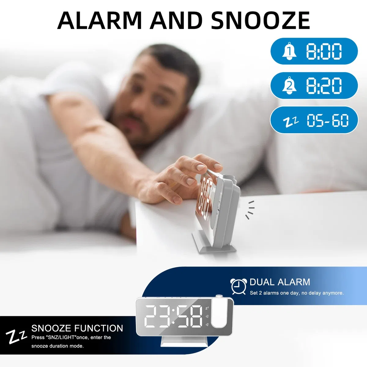Sveglia con Proiettore, Schermo a LED a Specchio da 7.5", 4 Luminosità, Doppio Allarme con Porta USB, Sveglia Digitale con Proiettore ultra trasparente (Bianco con Adattatore)