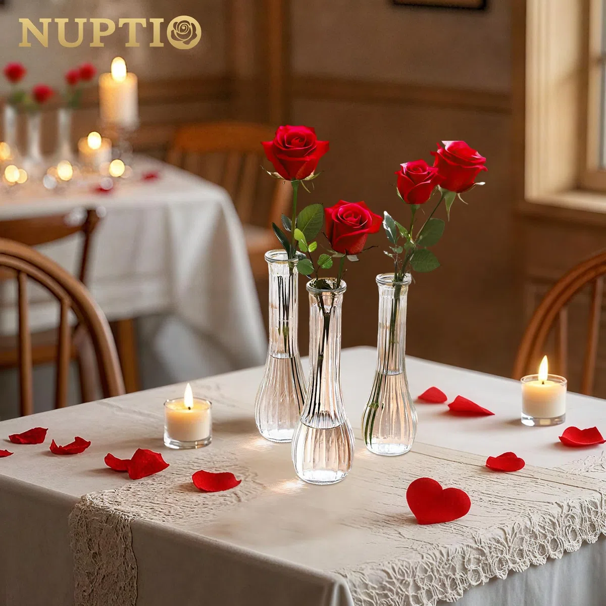 NUPTIO Piccoli Vaso Fiori Vetro: 6 Pezzi 21,7cm Vasi Trasparenti Centrotavola per Decorazioni Matrimonio - Vaso Decorativo da Interno Striato per Casa Festa Soggiorno