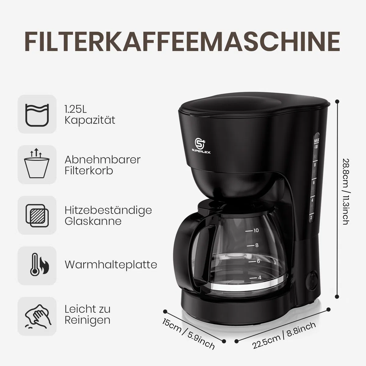 Macchina Caffè con Filtro 1,25 L per 10 Tazze Macchina Caffè Cialde e Americano Riscaldamento Rapido Antigoccia Spegnimento Automatico per Casa e Ufficio