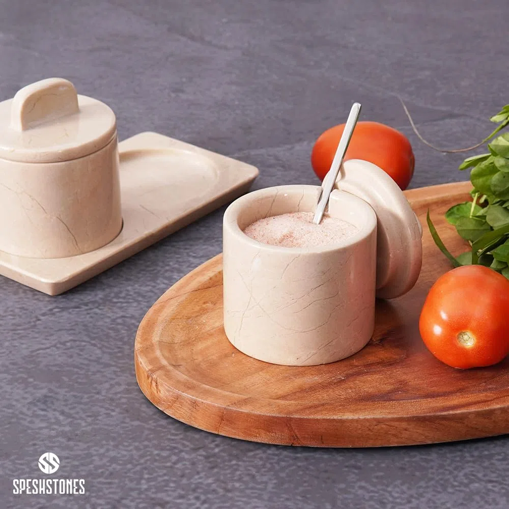 SPESHSTONES Portasale in Marmo Beige da 10,2 cm Barattolo per Sale con Coperchio, Contenitori per Sale da Tavola per Piano di Lavoro, Piatto per Sale, Portasale, Barattoli per Spezie, Zuccheriera, Set