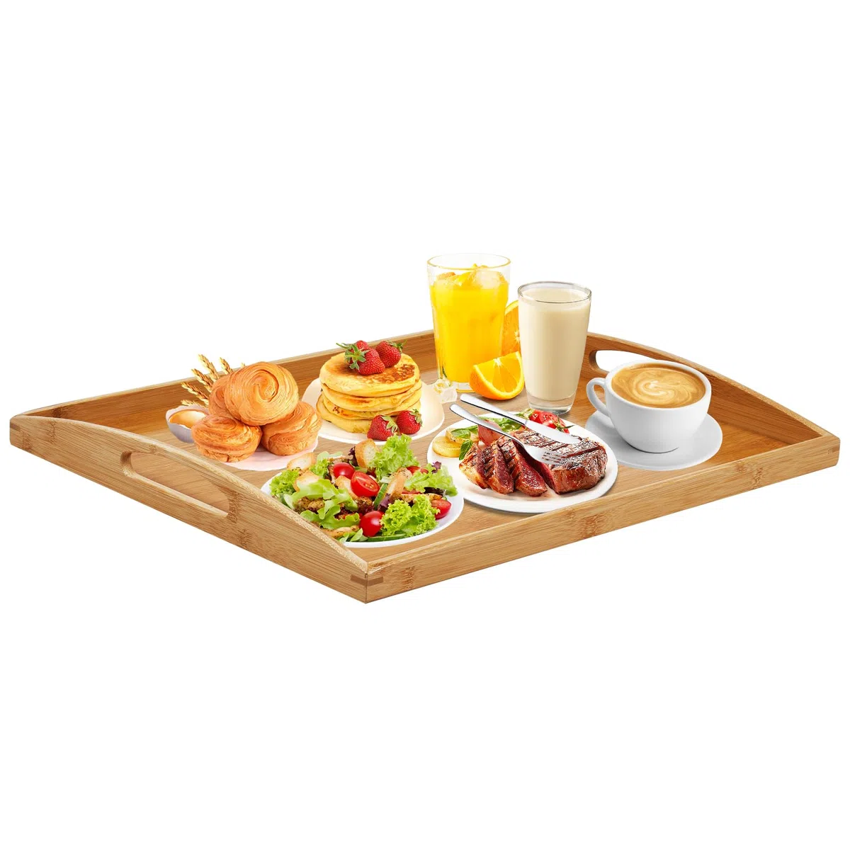 Vassoi in legno extra grandi per servire cibo, vassoio rettangolare in bambù con manici per colazione e cena, vassoio in legno per servire tè, caffè e snack (50 x 40 CM)
