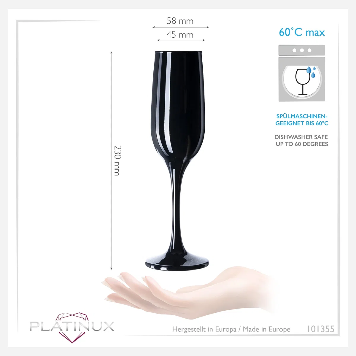 PLATINUX - Set di 6 bicchieri da spumante in vetro nero, design robusto, massimo 210 ml