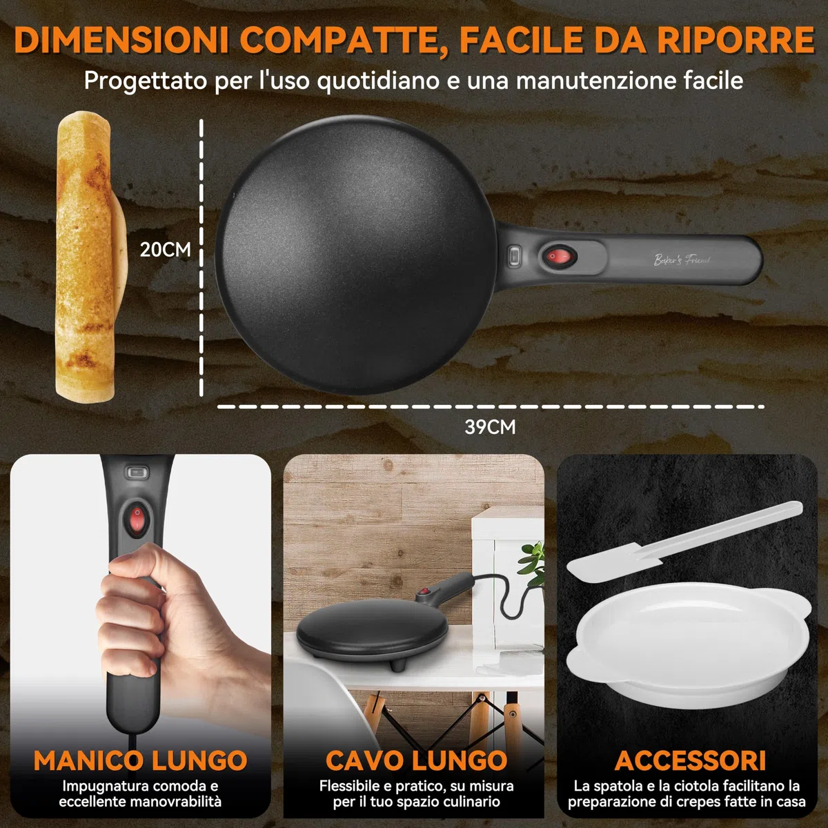 Baker's Friend Macchina per Crepes Instantanea, Padella per Crepes con Manico Anti-Scaldamento, Superficie Cottura Antiaderente da 20 cm, Regolazione Automatica della Temperatura, Grafite