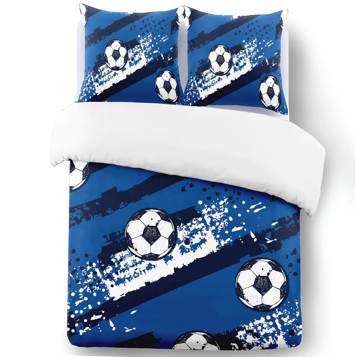 Set copripiumini e federe per bambini Calcio (200x200cm + 2 federe 65x65cm) - Lenzuola in microfibra, lavabile in lavatrice, chiusura lampo, design stampa 3D.(F4×200)