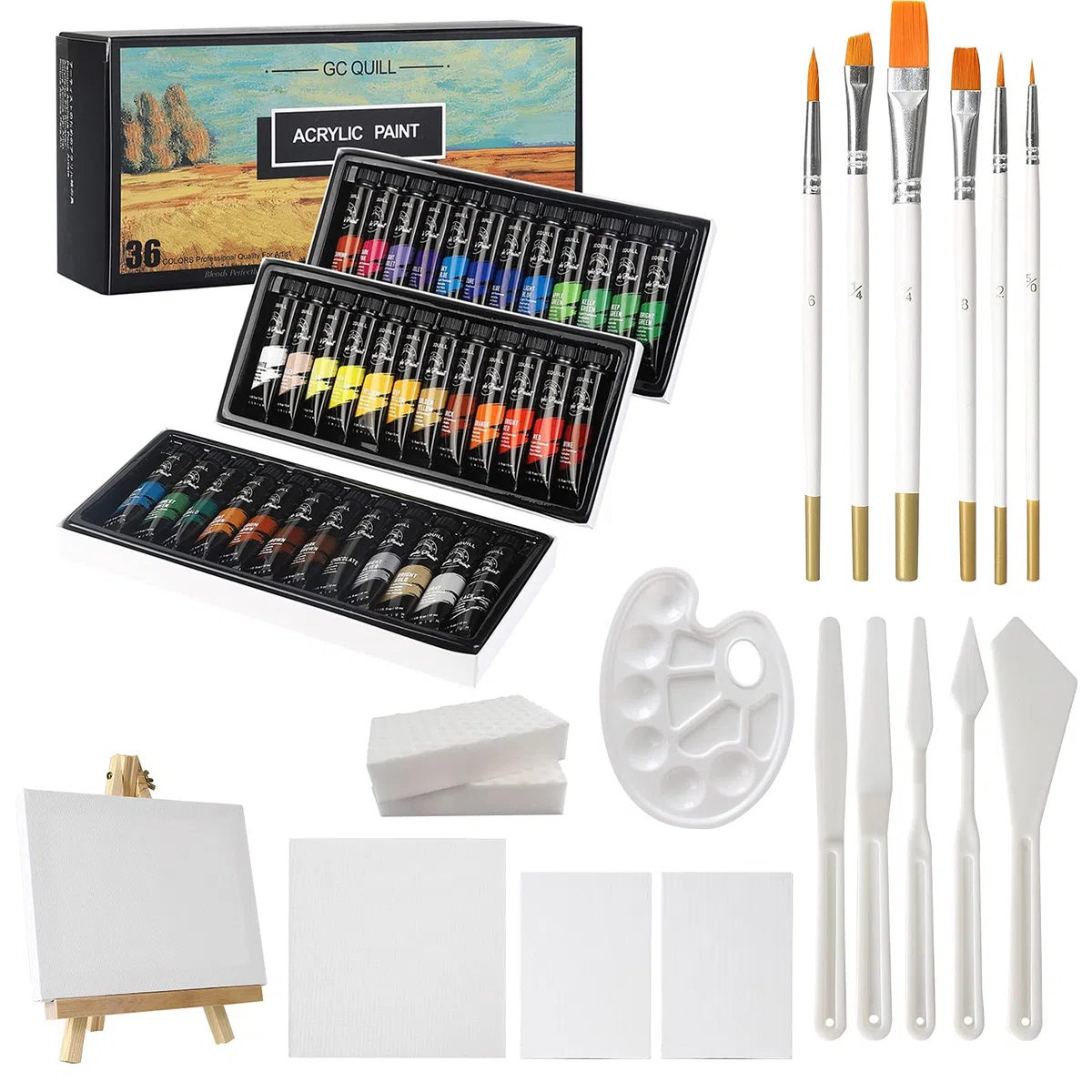 Set di 36 Colori Pittura Acrilica, 12 ml x 36 Tubetti con 6 Pennelli, Palette di Coltelli, Tela, Cavalletto, per Pittura Artistica su Legno, Ceramica, Tessuto, Artigianato GC-APK36