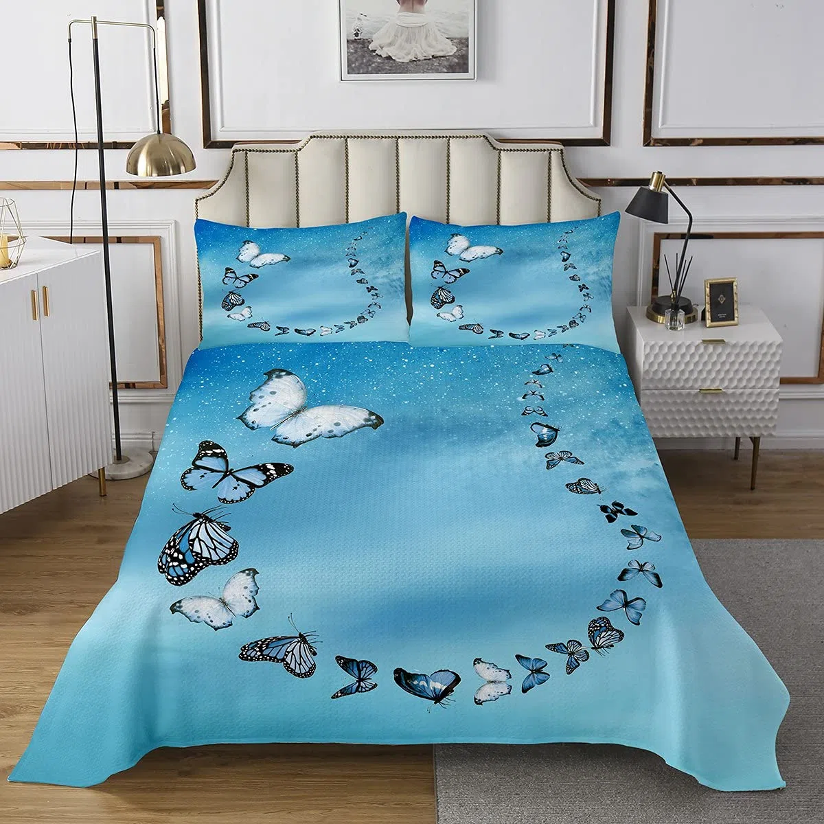 Coperta trapuntata per bambini con farfalla blu e bianca fantasia galassia farfalla per ragazzi e ragazze sfumato blu trapunta set fata Dreamy Flying Animal biancheria da letto 2 pezzi for170X230cm