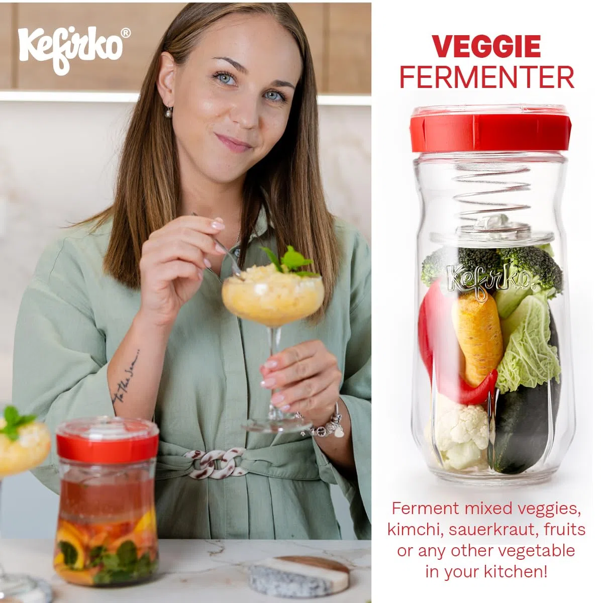 Kefirko Fermentatore per verdure, 900 ml, per fermentare frutta, verdura, kimchi, crauti e altro ancora, materiali privi di BPA, verde