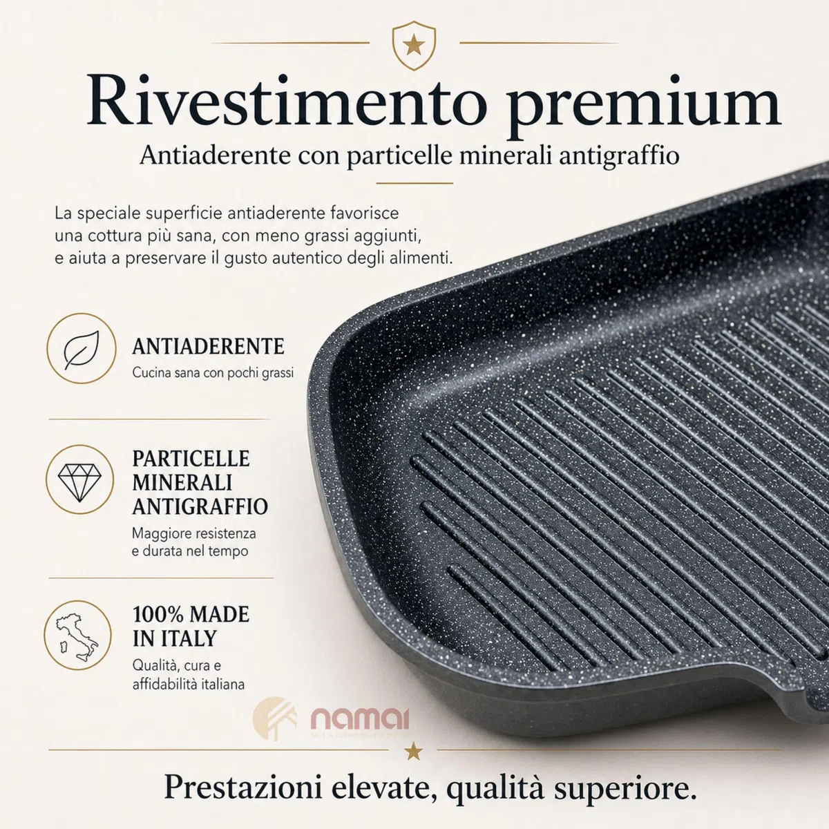 NAMAI - Bistecchiera Antiaderente Pietra, 35CM x 25CM, Alluminio Pressofuso, Adatta In Lavastoviglie, Manico Pieghevole Salvaspazio, Made In Italy