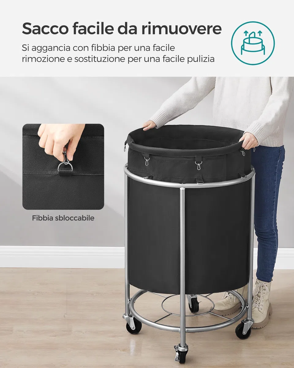 SONGMICS Cesto Portabiancheria con Ruote, Cesta per il Bucato, 170L, Cesto Rotondo con Struttura in Acciaio e Sacco Rimovibile, 4 Ruote e 2 Freni, Nero e Argento RLS001B01