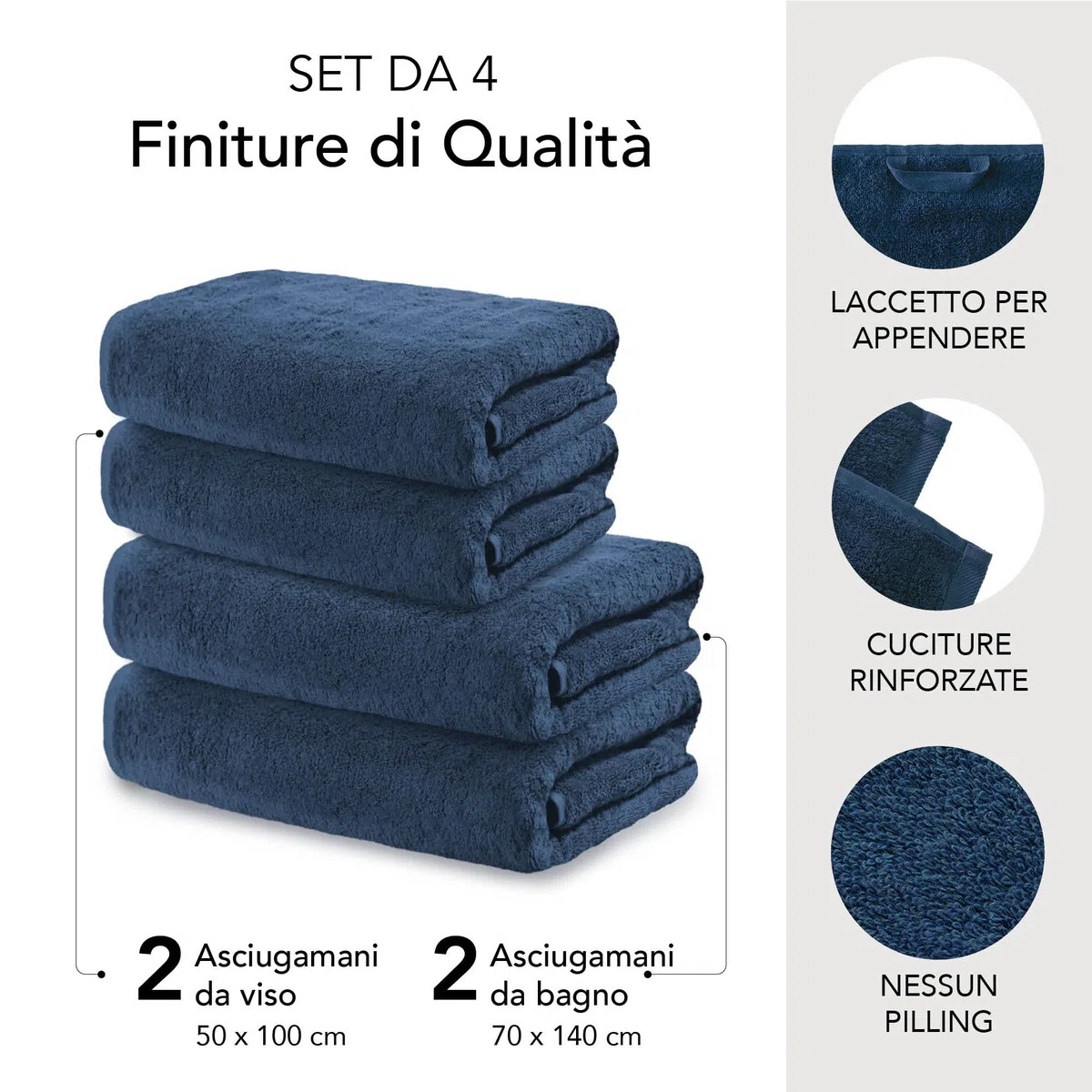 Ôhm Set Asciugamani Bagno 4 Pezzi in Cotone 500 g/m² Blu scuro OEKO-TEX Standard 100 – 2 Teli Doccia 70x140 + 2 Asciugamani Viso 50x100 – Morbidi e Assorbenti