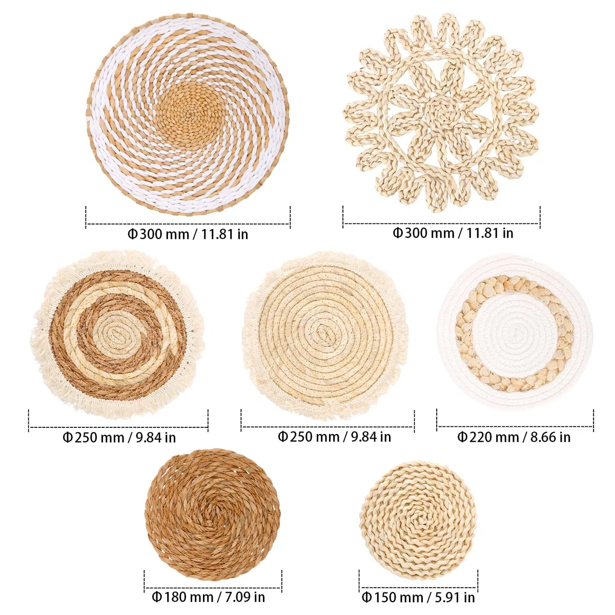 Set di 7 cesti da parete rotondi in paglia naturale, decorazione da parete per soggiorno, camera da letto