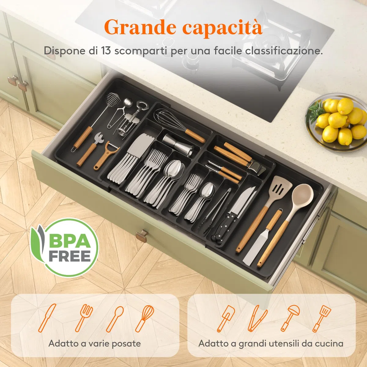 Lifewit Portaposate da Cassetto Grande, Organizer Posate da Cassetto, Espandibile da 54,1 a 91,4 cm di Larghezza, Organizer Cucina in Plastica per Posate, Cucchiai, Forchette, Coltelli, Nero