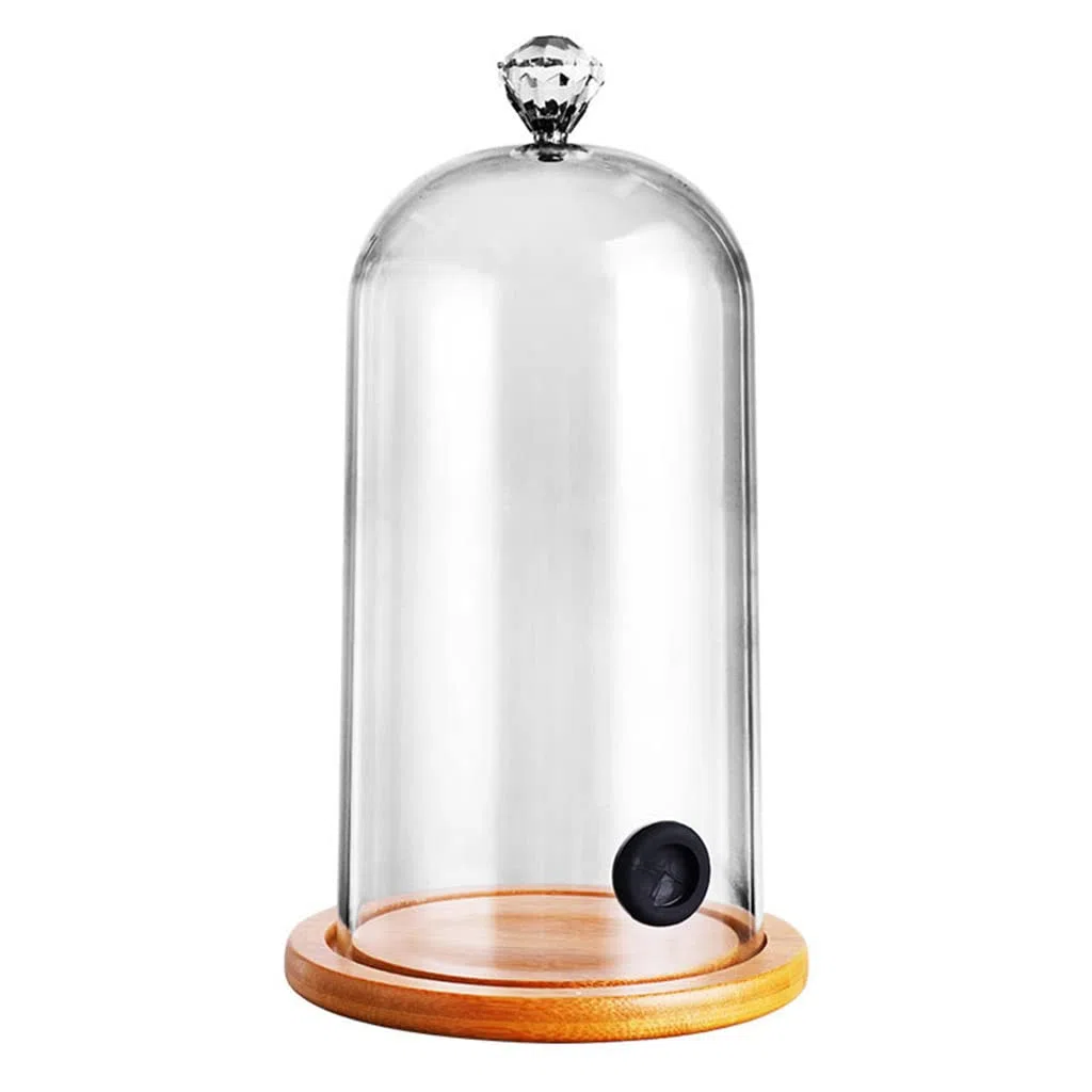Cloche in plastica per affumicare, coperchio per cucina molecolare con fori in gomma, base in legno per cocktail, torte, bevande, fumare, cloche, copertura a cupola in vetro