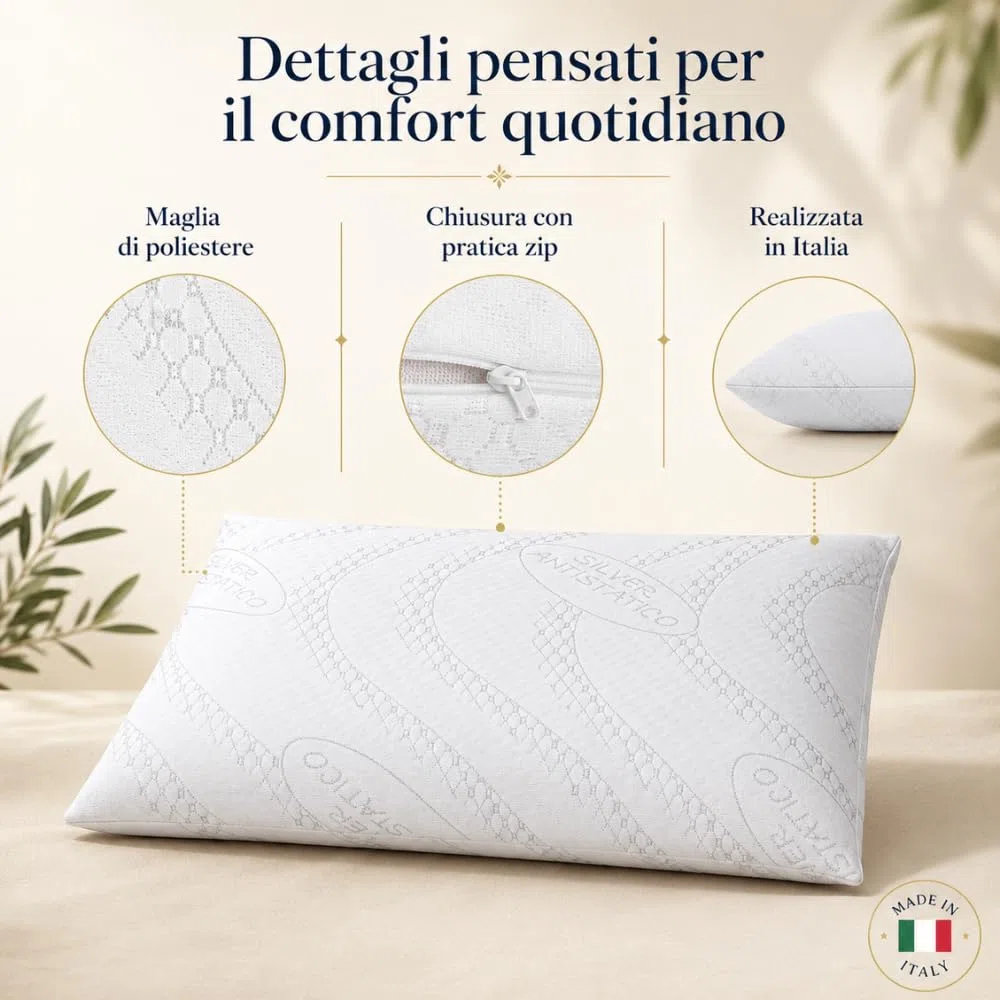 DREAM HAVEN Cuscino Basso Cervicale 8 cm in Memory Foam, Cuscino letto ideale per Bambini, Ragazzi e Adulti, Anallergico e Antiacaro con Federa in Silver, Cuscino Memory Foam 100% Made in Italy (1)