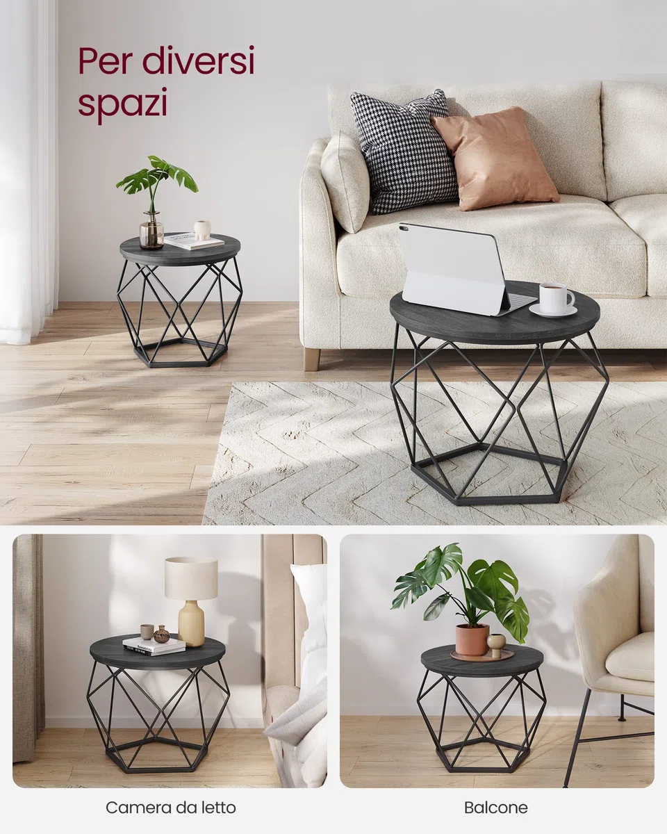 VASAGLE Tavolino da CaffèRotondo, Set di 2 Tavolini ad Incastro, Stile Moderno, Piano Rimovibile, Struttura in Acciaio, Adatto per Soggiorno, Nero LET040B22