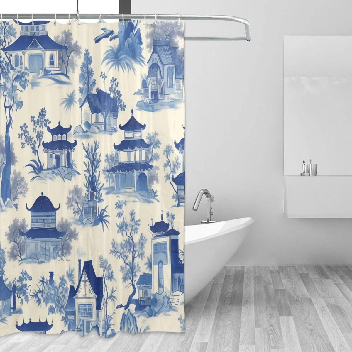 Chinoiserie, tenda da doccia in tessuto impermeabile con 12 ganci, 183 x 183 cm, lavabile in lavatrice