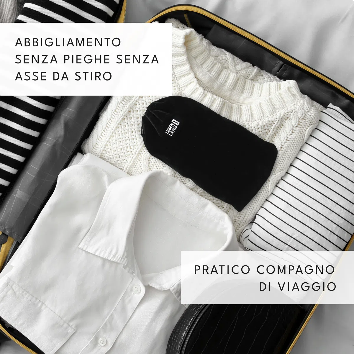 LEBENLANG Ferro da stiro da viaggio - Compatta pieghevole & Incl.con set da viaggio I Ferro da stiro verticale & Portatile Stiratore verticale Stirella a vapore (Nero - 900W & 120ml)