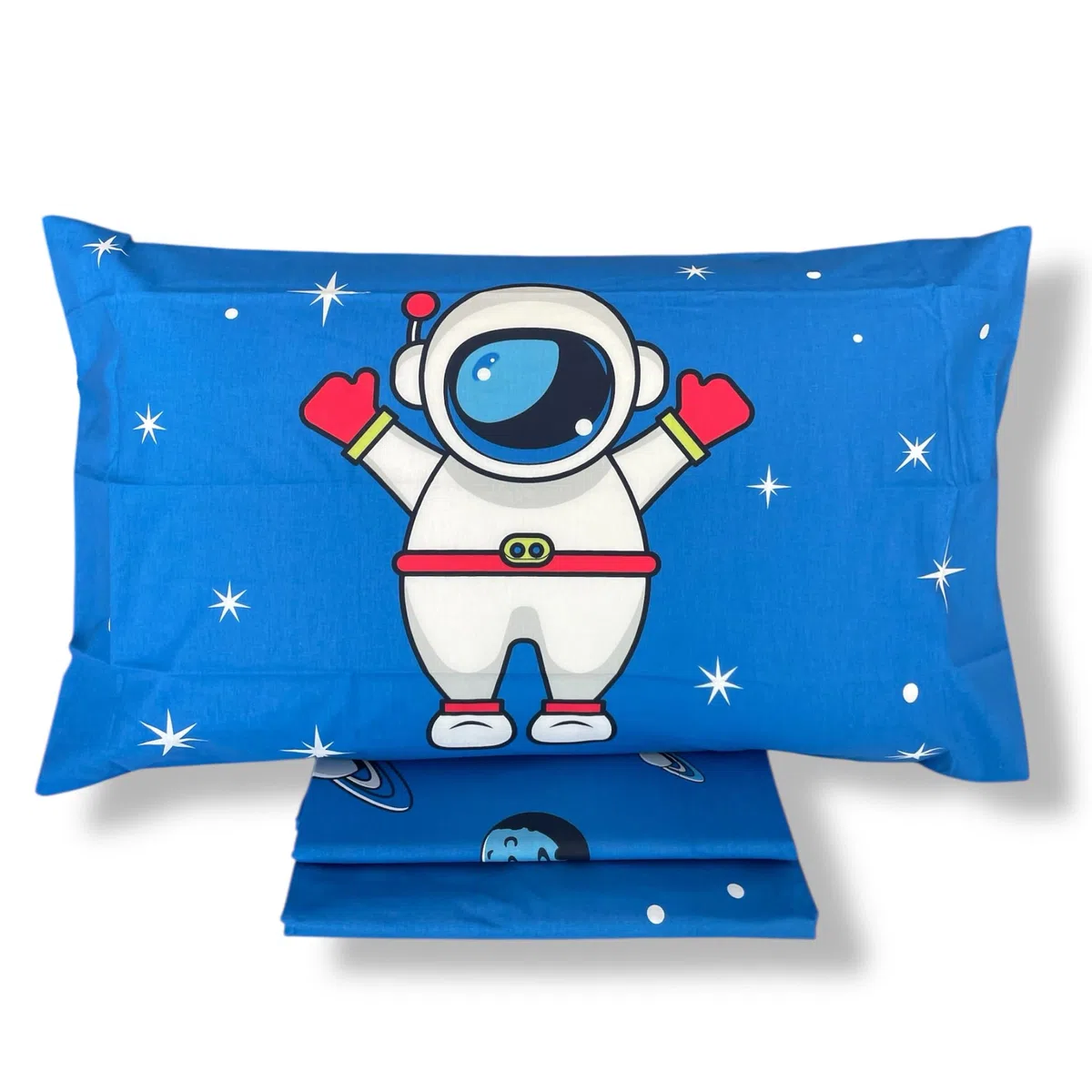 Caleffi Lenzuola Singolo Bambino Art. Spazio in Cotone 100% – Set 3 Pezzi con Federa Double Face – Colore Blu