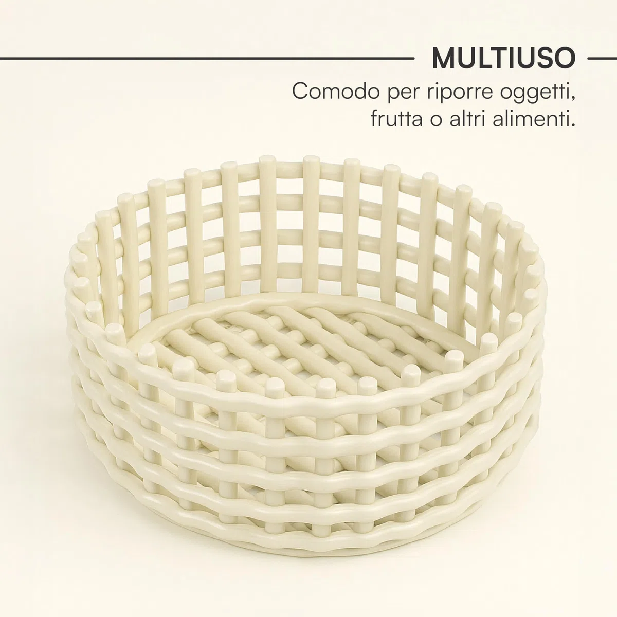 Baroni Home Cestino intrecciato multiuso in ceramica, Portafrutta, Centrotavola, Svuotatasche Tondo Bianco 21x21x9 cm