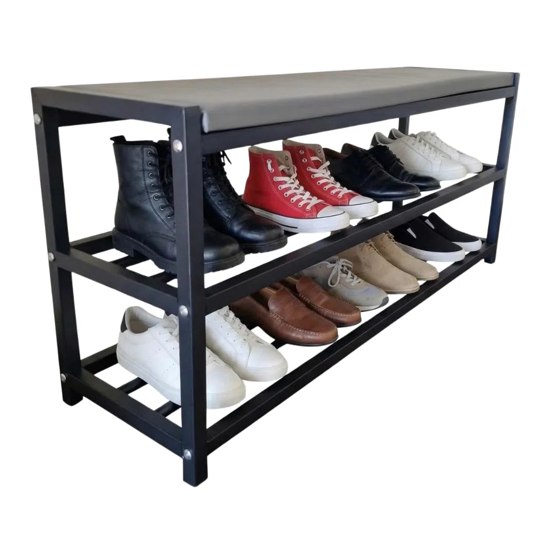 MAKA Scarpiera Salvaspazio Slim, in Metallo Nera, Scarpiera Ingresso, Organizer Scarpe Diverse Misure, Scaffali Portascarpe, Panca con Seduta (90 cm + panca)