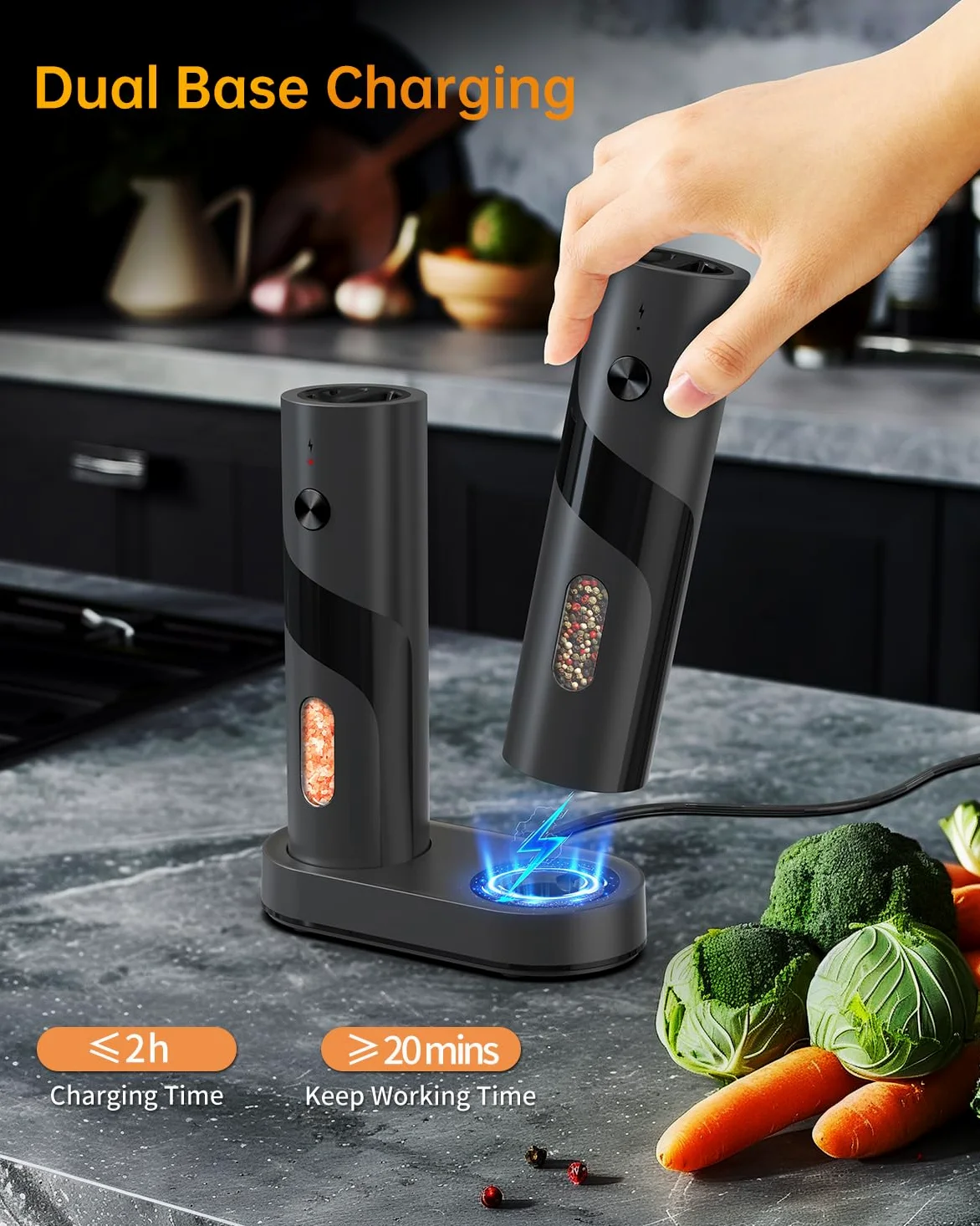 CIRCLE JOY Set Macina Sale e Pepe Elettrico Ricaricabile con Base di Ricarica, Capacità 110 ml, Grana Regolabile e Luce LED Bianca, Nero