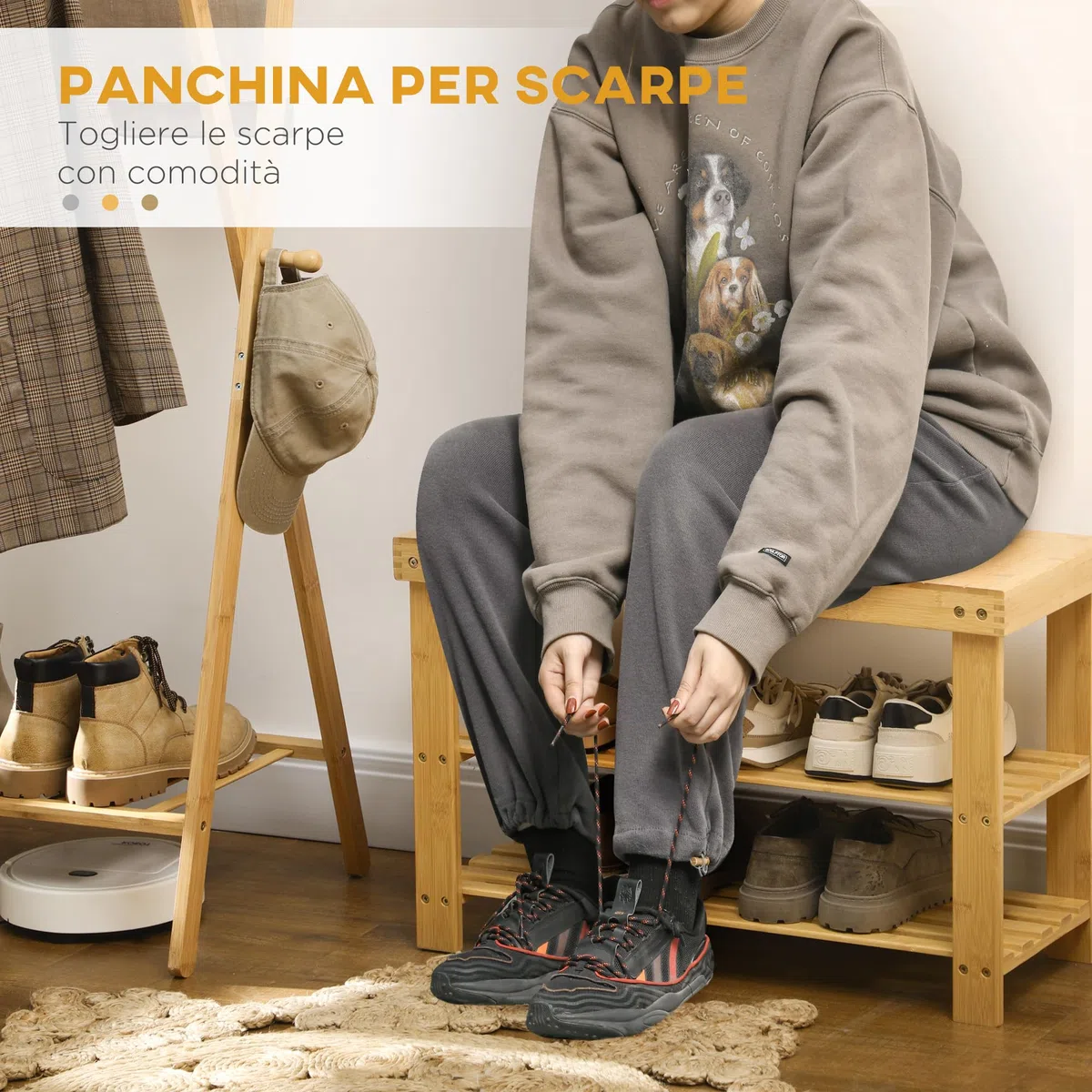 HOMCOM Panca Scarpiera da Ingresso a 3 Livelli in Bambù, Scarpiera con Seduta per 6 Paia di Scarpe, Scaffale per Scarpe a Doghe, Portaoggetti, per Ingresso, Soggiorno, Corridoio, 70x28x45 cm, Naturale