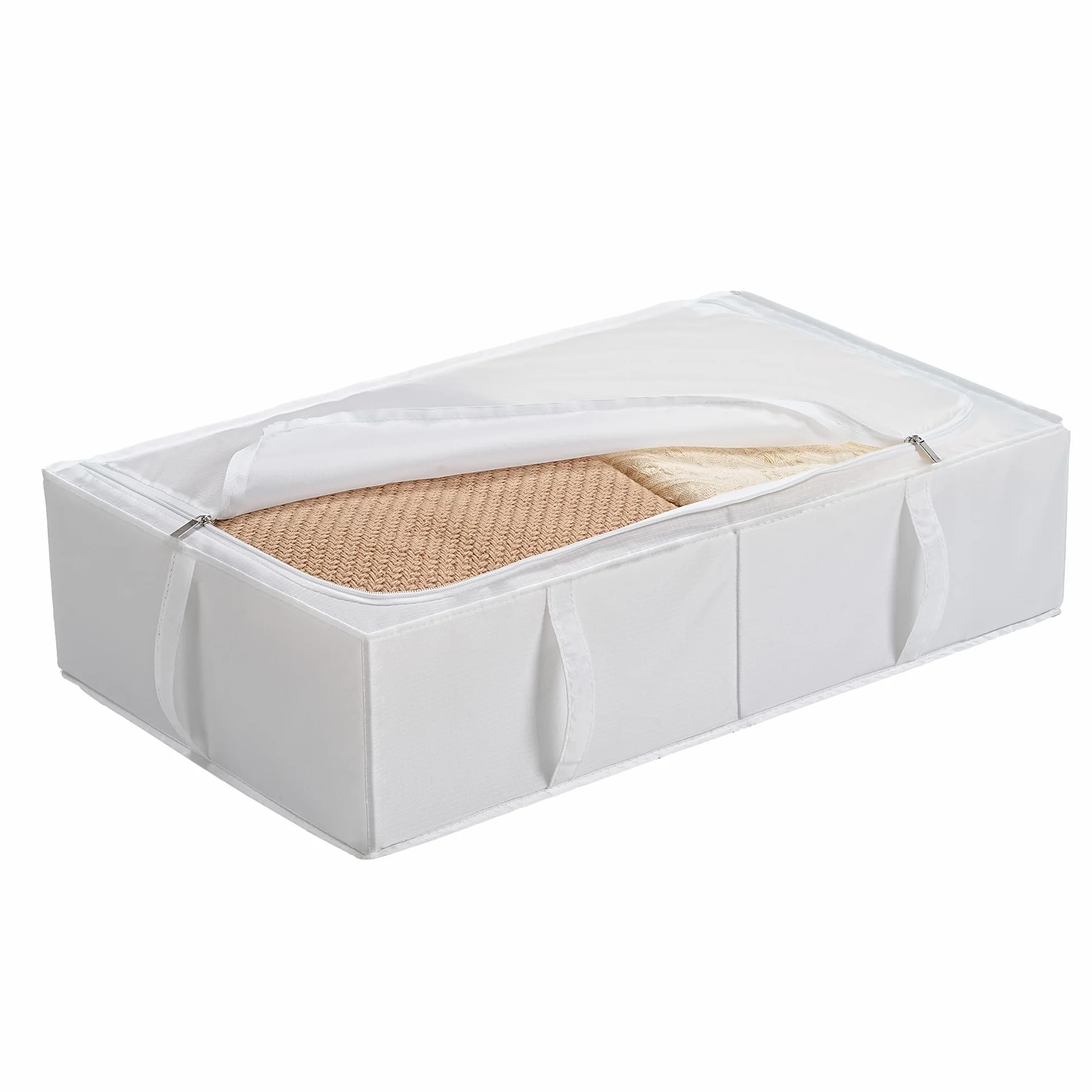 TYEERS Contenitori Sottoletto con Coperchio, Tessuto Durevole, Lavabile, Pieghevole, Scatole Portaoggetti per Vestiti, Coperte, Lenzuola, Scarpe, 70x42x18 cm, Confezione da 2, Bianco