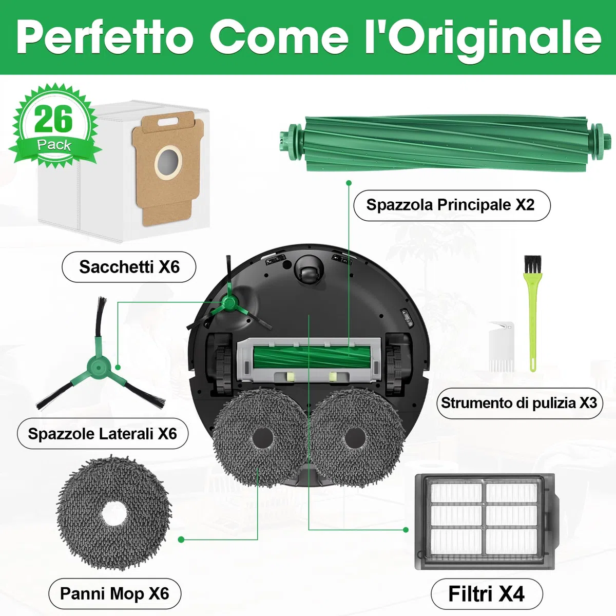 505 Accessori di Ricambi per iRobot Roomba Plus 505 Combo / 405 Combo / 507/506 /500/400 Ricambio 2 Spazzola Principale 4 Filtri 6 Spazzole Laterali 2 Panni Mocio 6 Sacchetti