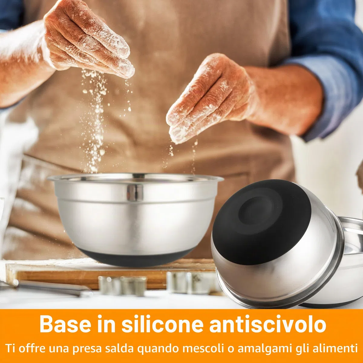 KUOGAS Set di 5 Insalatiera con Coperchio,Ciotole Cucina,3 Accessori per Grattugia, Grande Ciotole Acciaio Inox Cucina, Impilabile, Paraspruzzi, Lavabile in Lavastoviglie