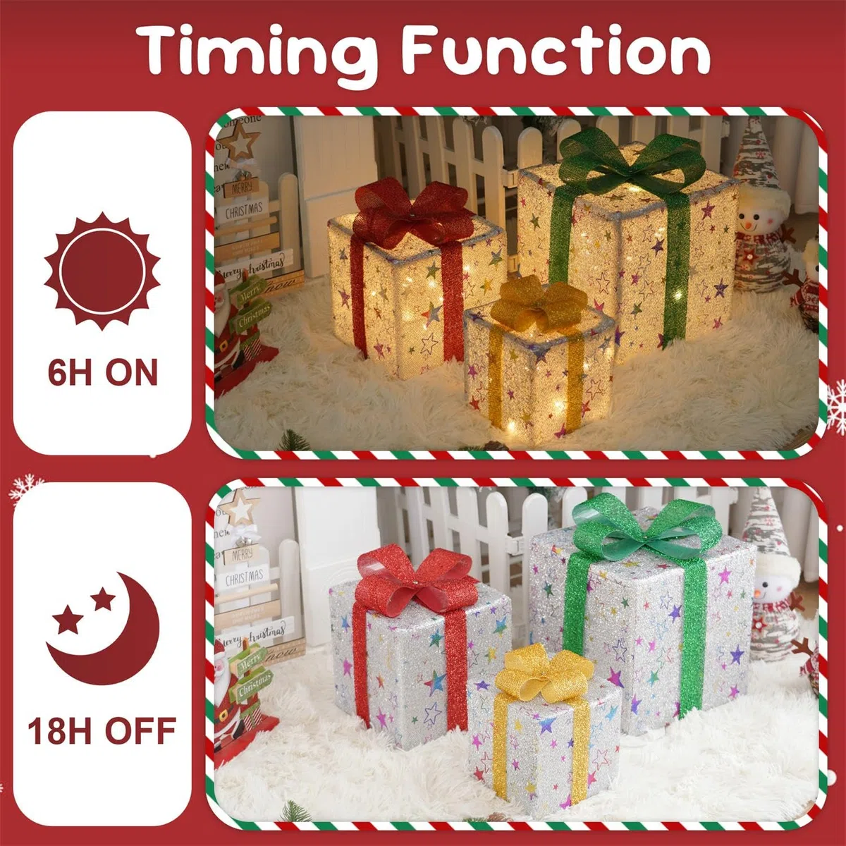 Lypumso Set di 3 Pacchi Regalo Luminosi Natale, 50Leds Scatole Regalo di Natale Stella 8 modalità con Telecomando e Timer, Batteria, LED Scatole Natalizie Luminose per Decorazioni Natalizie, Albero
