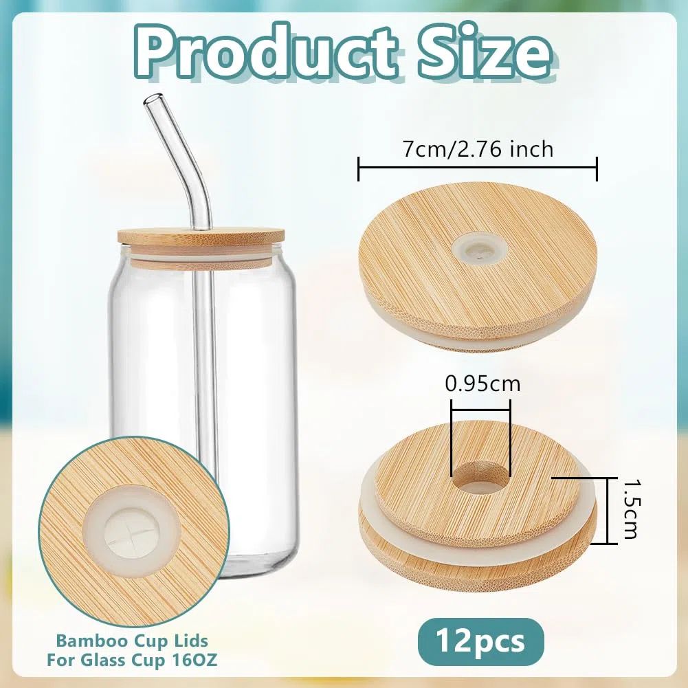 OLYCRAFT 12pz Coperchio In Legno per Barattoli di Vetro 70mm Coperchi per Barattoli di Vetro In Legno con Foro per Cannuccia con Silicone Anti-Perdite per Bicchieri Da Birra A Bocca Normale