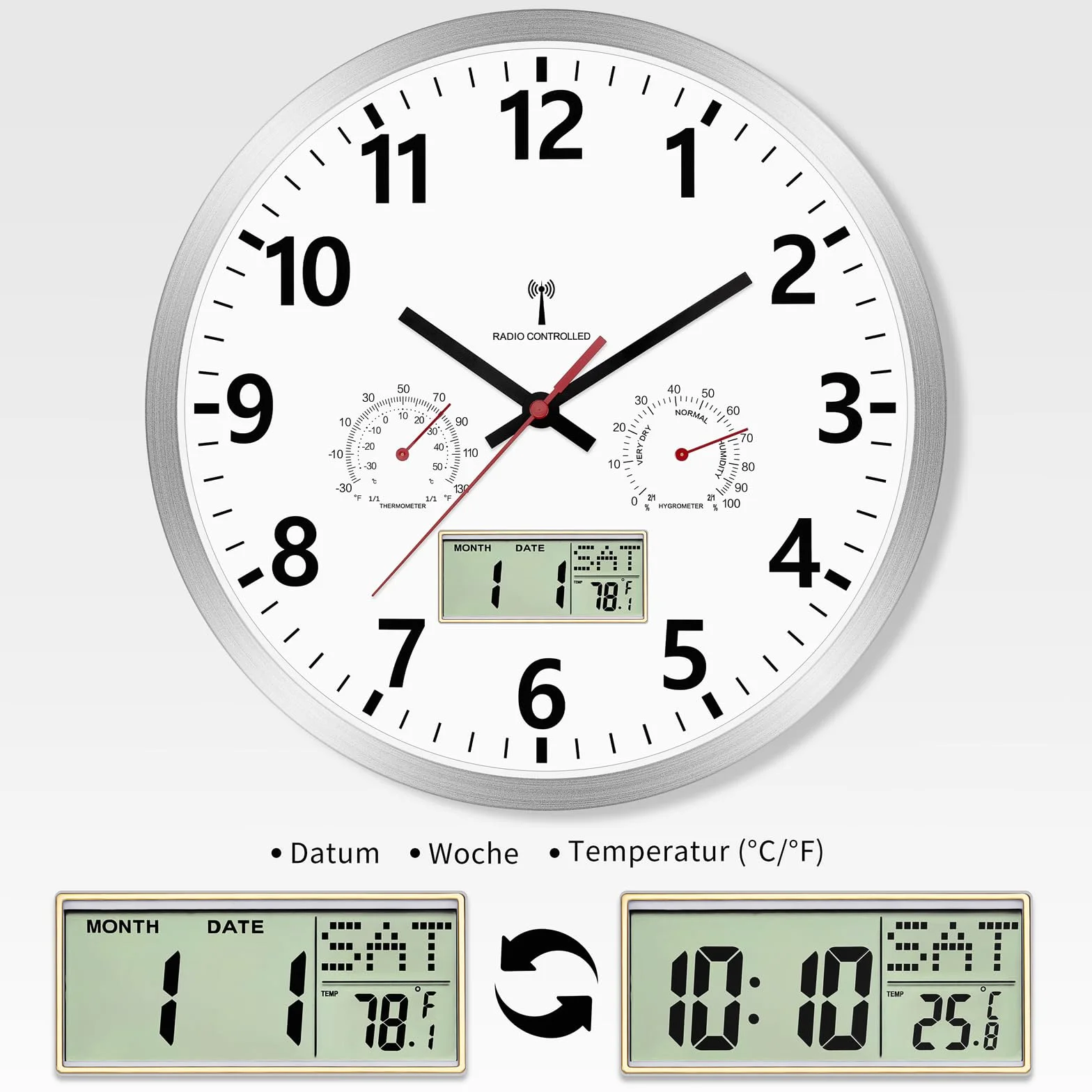 Foxtop Orologio da Parete Radiocontrollato Digitale/Analogico 30 cm con Igrometro, Termometro e Display LCD Multilingue, Silenzioso per Interni