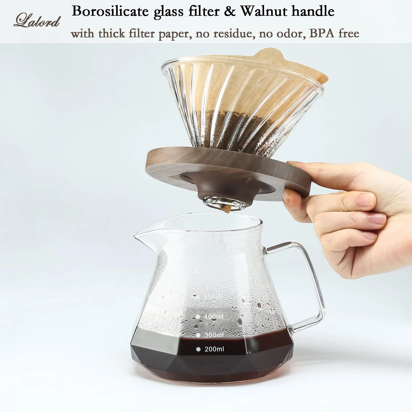 Lalord Caffettiera Pour Over, Caraffa in Vetro Borosilicato da 600 ml con 02 Carta Filtro, 100 pcs, Manico in Noce e Coperchio per Caffettiera