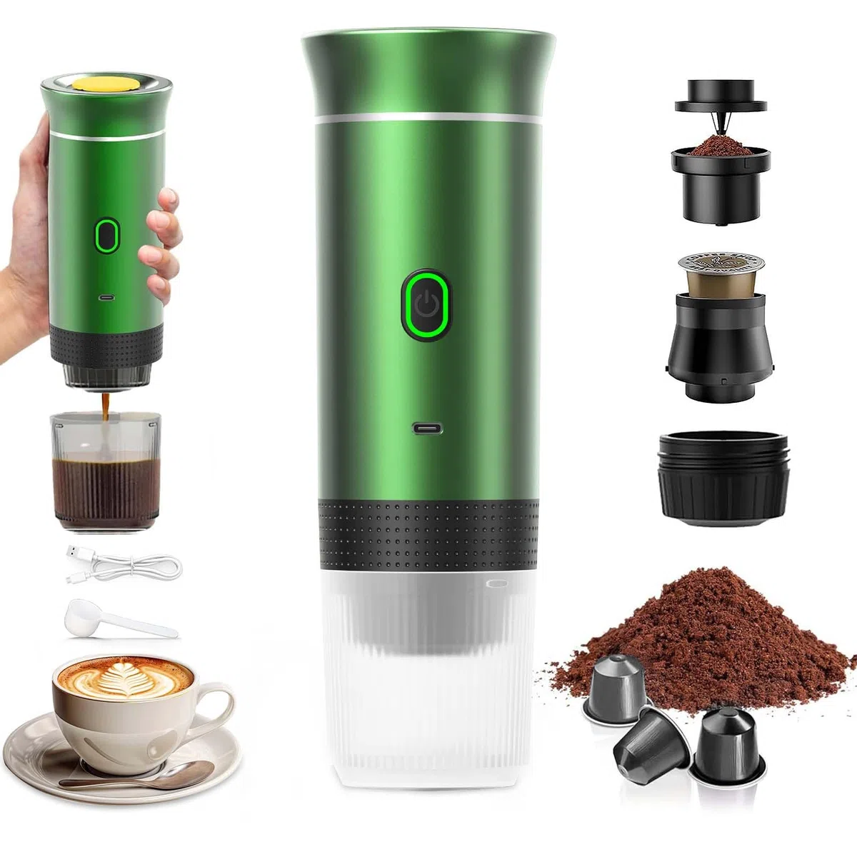 PZCC Caffettiera portatile/ricaricabile da 12 V con custodia, per caffè espresso, a riscaldamento rapido, per campeggio/auto, compatibile con capsule K-Cup, caffè macinato, da viaggio (verde)