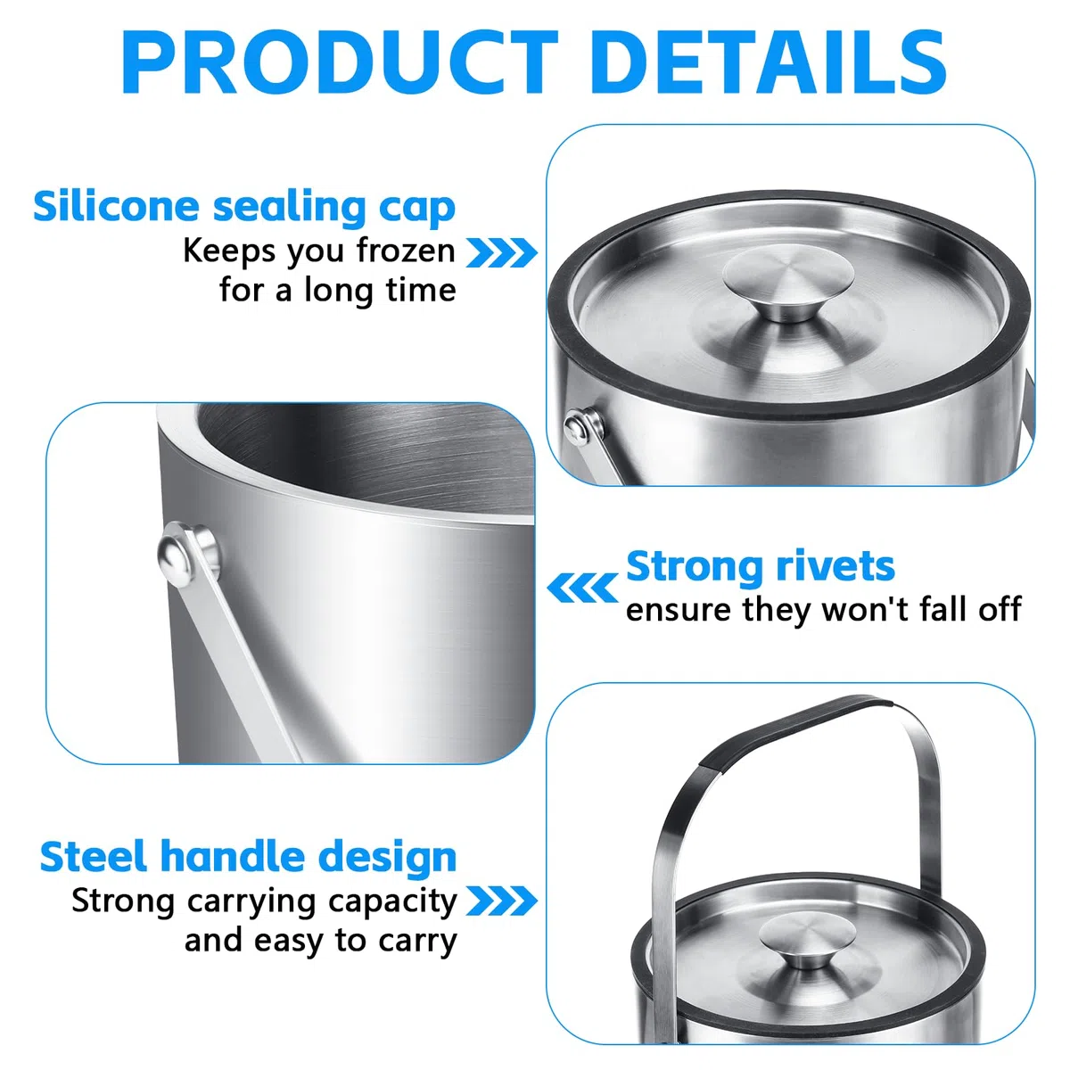 Tapvai Secchiello Ghiaccio 4L Acciaio Inox A Doppia Parete Isolante, con Coperchio in Silicone, Pinze E Filtro, Porta Ghiaccio per Secchi per Ghiaccio A Temperatura Costante in Feste, Cocktail E Bar