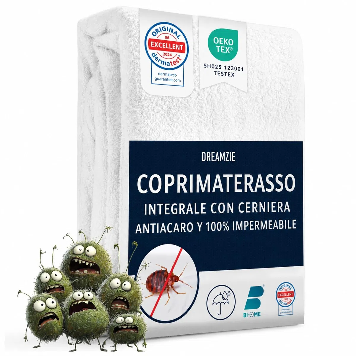 Dreamzie Coprimaterasso Matrimoniale Impermeabile 160x200x25 cm - Coprimaterasso Antiacaro Integrale con Chiusura a Zip per Allergici