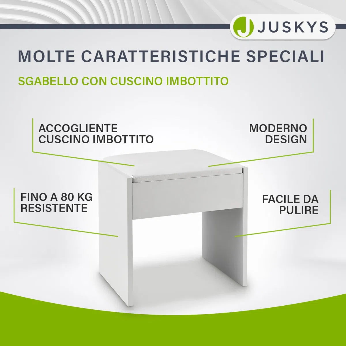 Juskys Tavolo da Trucco Sgabello Melly, sgabello in legno con cuscino imbottito e rivestimento in pelle sintetica, moderno 40 x 30 x 43 cm in bianco