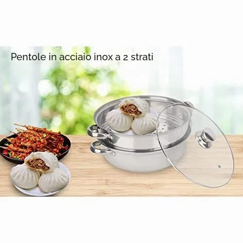 Pentola Cottura a Vapore, Padella Doppia Zuppa di Vapore a Doppio Fornello con Coperchio, Pentola Cottura a Vapore Acciaio Inox Pentola a Vapore per Utensili da