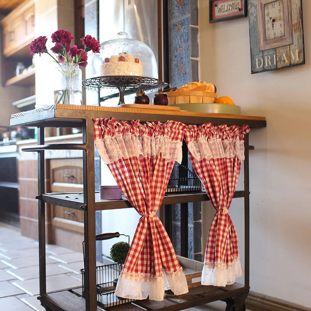 A.Monamour Agriturismo - Tenda da cucina in cotone opaco, motivo a quadretti, con motivo a quadretti, con pizzo bianco, per camera da letto, caffetteria, armadio, porta, 2 tende