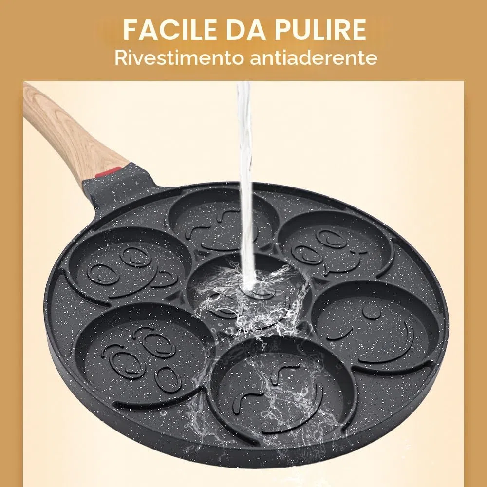 Padella Pancake Induzione Smile, Pancake Piastra Smiley Antiaderente 7 Fori Padella Frittata Piatto Colazione per Bambini 26 cm - Nero