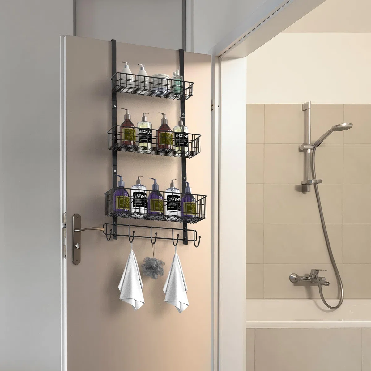 YBING Organizer sopra la porta con ganci 3 ripiani posteriori porta asciugamani cesti in metallo dietro mensola pensile dispensa rack per camera da letto bagno nero, R01-R984