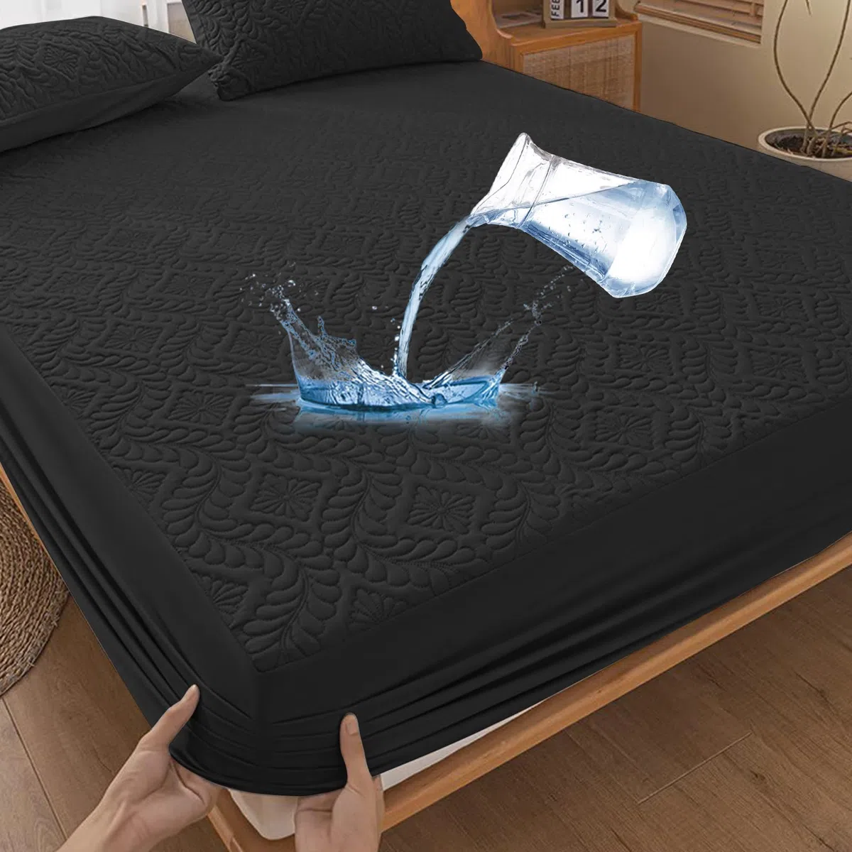 Coprimaterasso impermeabile lenzuolo con angoli 200x200 cm,3D coprimaterasso traspirante protezione del materasso impermeabile lenzuola con angoli antiumidità - Nero