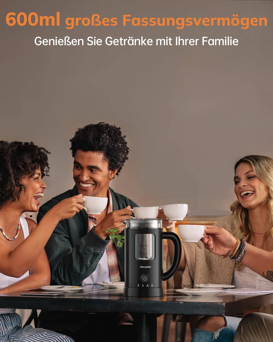 Morpilot Montalatte elettrico, 4 in 1, per acqua calda e fredda, 550 W, 600 ml, design latte, vetro visivo, facile da pulire, nero